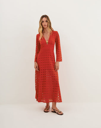 Eyelet Raya Long Dress - Ruby