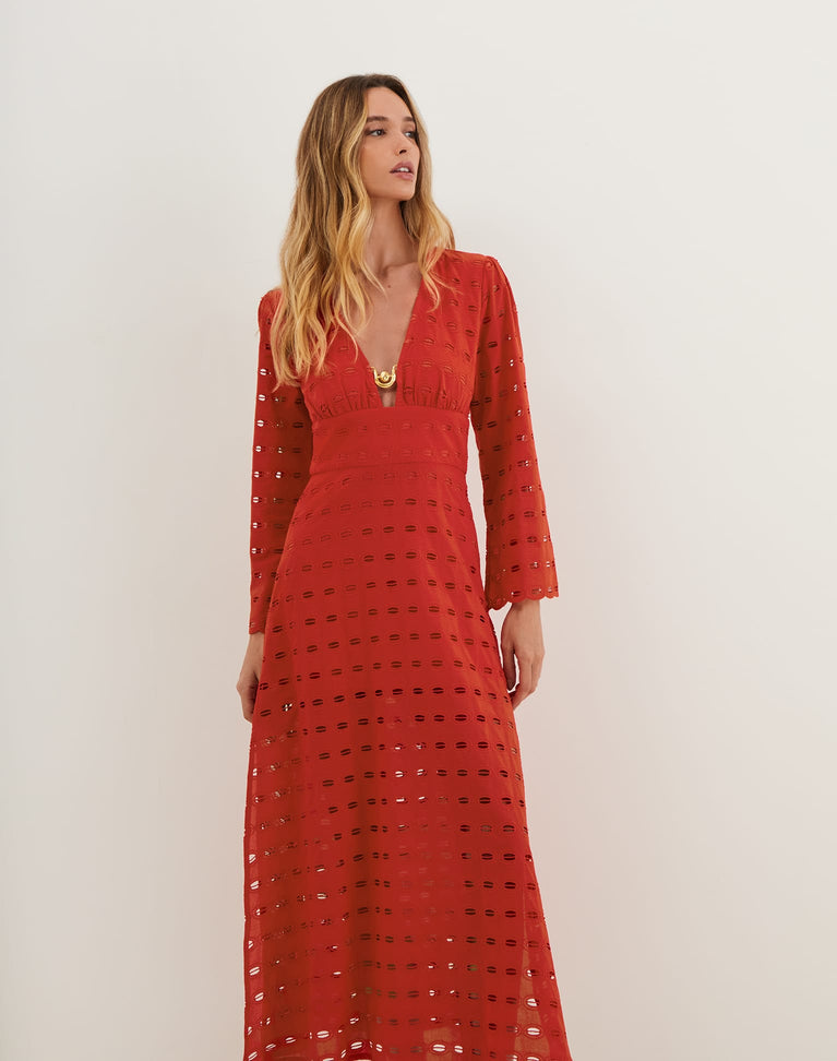 Eyelet Raya Long Dress - Ruby XS