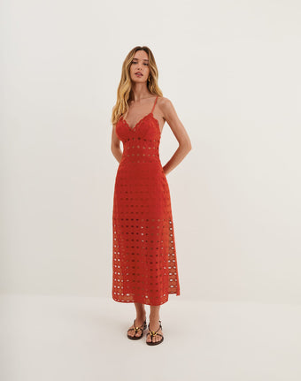 Eyelet Raya Midi Dress - Ruby