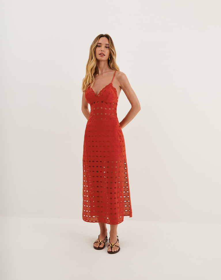 Eyelet Raya Midi Dress - Ruby XS