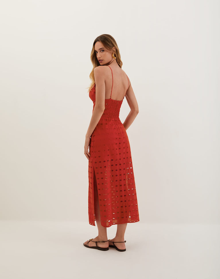 Eyelet Raya Midi Dress - Ruby XS