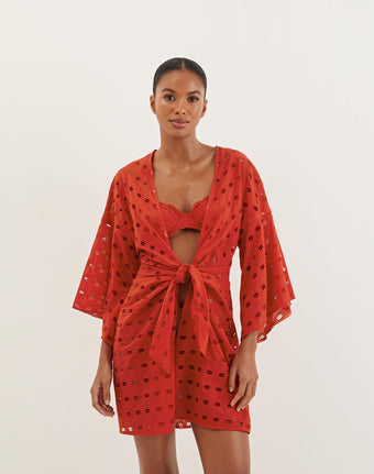 Eyelet Perola Short Cover Up - Ruby